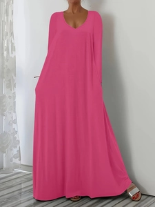 Women's V-neck long sleeve loose maxi dress in magenta, casual A-line bohemian style