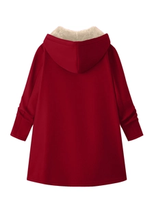 Back view of a long red hooded jacket with soft fleece lining and smooth fabric texture