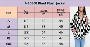Size chart for women fuzzy plaid jacket featuring measurements from S to XXL with model view