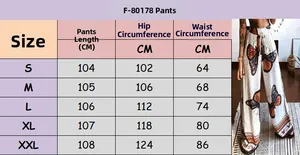 Size chart for high-waisted wide-leg pants with butterfly print ranging from S to XXL