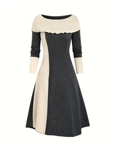Women Elegant Off Shoulder Long Sleeve Knit Color Block A-Line Midi Dress Autumn Winter Fashion Slim Fit Commuter Dress
