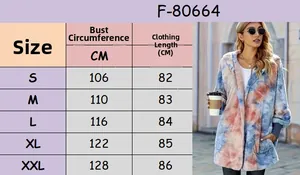Size chart for women tie-dye hooded jacket showing bust and length measurements in centimeters