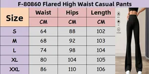 Detailed size chart for high waisted flare trousers showing measurements from S to XXL