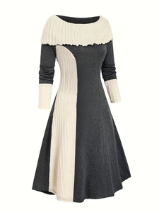 Elegant grey knit A-line dress with contrast off-white folded collar and long sleeves