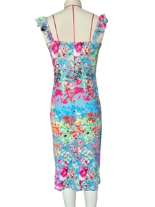 Back view of a slim floral midi dress with ruffled straps and light blue print