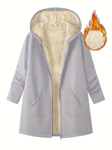 Women's warm winter fleece long hooded jacket with sherpa lining and pockets in grey