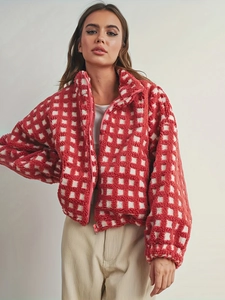 Gemütliche rot-weiß karierte Plüschjacke mit Stehkragen und Reißverschluss für Herbst Winter