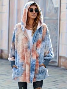 Women Casual Hooded Tie Dye Plush Coat Thick Faux Fur Winter Warm Outerwear Loose Long Sleeve Hooded Jacket With Pockets