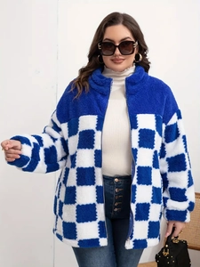 Lässige Blau Weiße Schachbrett Fleecejacke Für Damen Herren Warmer Stehkragen Sherpa Mantel Reißverschluss Patchwork Plüsch Oberbekleidung