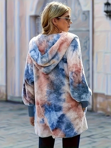 Women's cozy tie-dye hooded plush jacket with blue and pink patterns for winter