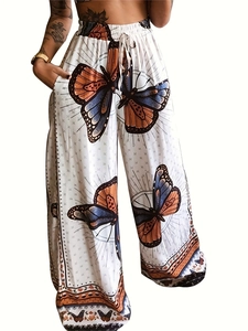 Women's wide leg casual trousers with vibrant butterfly print and drawstring waist
