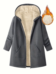 Women's warm winter fleece lined hooded parka coat in dark grey with full zipper closure