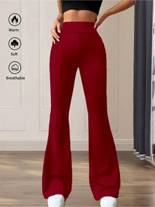 Women's high waist flare pants in deep red, soft breathable stretch fabric slim fit