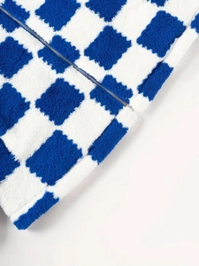 Blau-weiße Schachbrett-Plüschjacke mit warmem Fleece-Gewebe und robustem Metallreißverschluss