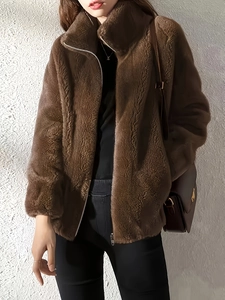 Women Plus Size Faux Fur Fleece Jacket Stand Collar Zipper Long Sleeve Warm Plush Coat Dark Brown Winter Outwear