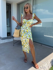 Detail view of floral slit midi dress with lemon print and ruffled shoulder straps