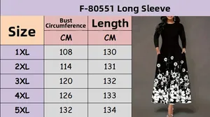 Size chart for women's plus size long sleeve floral maxi dress ranging from 1XL to 5XL