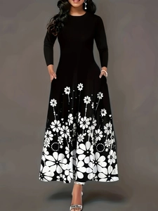 Women Plus Size Floral Print Long Sleeve Maxi Dress Casual Round Neck A-Line Long Dress With Pockets Elegant Autumn Robe
