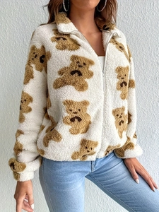 Women Plus Size Sherpa Fleece Jacket Cartoon Bear Print Warm Zipper Up Loose Fit Outerwear Autumn Winter Casual Coat