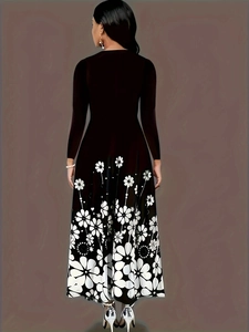 Elegant long sleeve maxi dress in black with white floral prints for women
