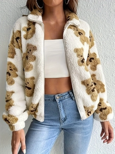 Women's white fleece jacket with brown teddy bear print and stand collar zip-up design