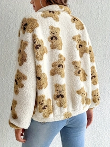Fleece jacket for women featuring cute brown bear print in creamy white soft lamb wool