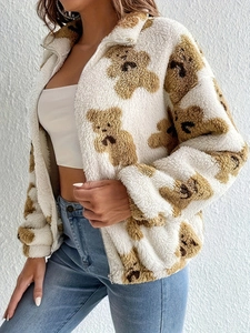 Women's white fleece jacket with brown bear print, warm loose fit teddy coat