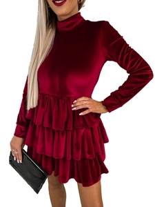 Elegant deep red velvet high-neck long sleeve dress with tiered ruffled skirt