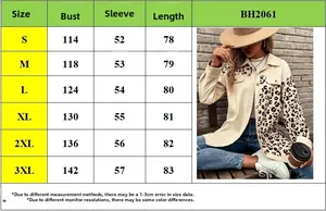 Detailed size chart for leopard print cardigan shirt jacket showing S to 3XL measurements