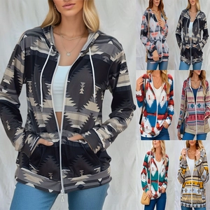 Damen Kapuzenjacke mit Ethnischem Geometrischem Druck Langarm Bohemian Tribal Reißverschluss Hoodie Sweatshirt mit Taschen