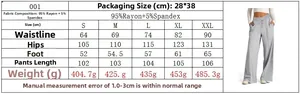 Size chart for high waist wide leg trousers showing measurements and fabric composition