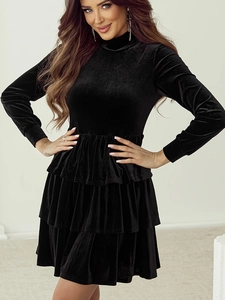 Women Elegant High Neck Velvet Long Sleeve Mini Dress Slim Tiered Ruffle Cake Skirt Formal Party Banquet Christmas Dress
