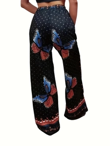 Women's casual high waist wide leg pants with butterfly and star prints on black fabric