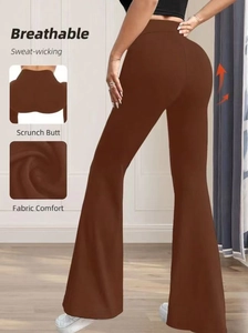 Detail of high waist flare yoga pants featuring scrunch butt design and breathable fabric
