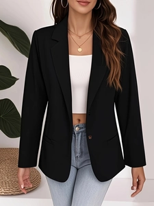 Women's slim fit black blazer with lapel collar and single button for casual office wear