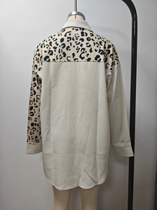 Back view of leopard print patchwork longline shacket with cream fabric and curved hem