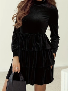Elegant high neck black velvet pleated dress with layered skirt for autumn fashion style