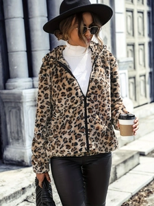 Giacca con Cappuccio in Peluche con Stampa Leopardata Taglie Forti da Donna Cappotto Casual Caldo in Ecopelliccia con Cerniera