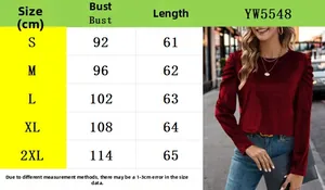 Size chart showing bust and length measurements for the velvet puff sleeve slim fit top
