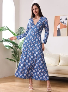 Robe Longue Élégante pour Femmes Imprimé Fleuri Col en V Profond Manches Longues Taille Haute Grand Swing Polyester