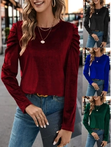 Women Elegant Velvet Puff Sleeve T-Shirt Round Neck Long Sleeve Slim Fit Solid Color Casual Autumn Winter Top