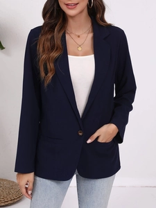 Slim fit dark blue blazer jacket with single button closure and notch lapel design