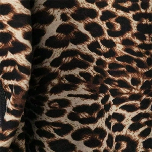 Close-up of leopard print fabric texture and black zipper detail on the casual jacket
