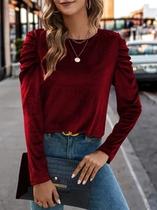 Slim fit velvet long sleeve top in burgundy with puff shoulders and classic crew neck