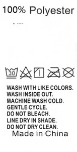 Care label of 100% polyester bomber jacket showing washing symbols and maintenance instructions