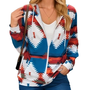 Damen Kapuzenjacke mit ethnischem Muster und Reißverschluss für den Freizeitlook