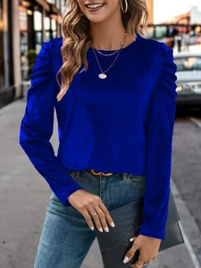 Royal blue high elastic velvet slim top with puff sleeves and round neck for women