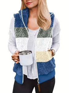 Gilet da Donna Casual Color Block in Pile Sherpa Caldo Collo Rialzato Senza Maniche Cerniera Capispalla Con Tasche Moda Gilet