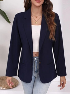 Chic navy blue slim fit blazer for women with notch lapels and single breasted buttons