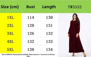 Tableau des tailles pour robe longue en velours grande taille du 1XL au 5XL